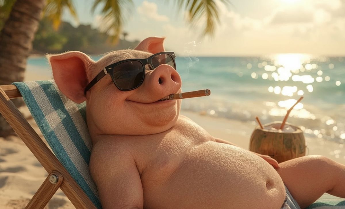 A 3D animated illustration of a relaxed pig wearing black sunglasses lounging on a tropical beach chair near the ocean The pig is smiling confidently while smoking a cigar enjoying the sunshine Theres a coconut drink beside him and golden light reflecting on the water creating a luxurious and carefree vibe Highly detailed 3D animation cinematic lighting tropical atmosphere ultra realistic textures 8K resolution